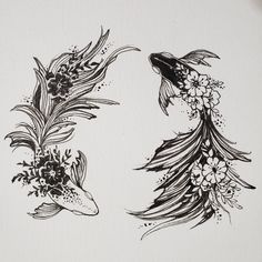 two black and white drawings of fish with flowers