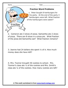 the worksheet for fraction word problems is shown with an image of a man eating pizza