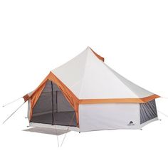 a white and orange tent with the door open