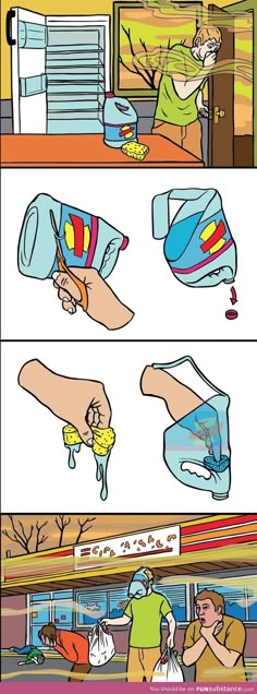 the comics are showing how to use hand sanitizers for cleaning and disinfection