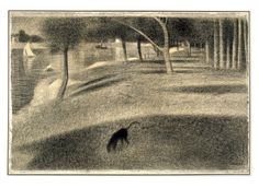 a black and white drawing of a dog in a park with trees on the other side