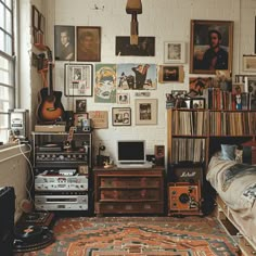 An eclectic bedroom that showcases the owner's collections and hobbies, with a vintage record player and a wall of album covers, a display of antique cameras, and a cozy corner for playing musical instruments1 Bedroom Floating Shelf, Floating Shelf Ideas, Bedroom Eclectic, Eclectic Bedroom, Bedroom Layouts, Room Makeover Bedroom, Eclectic Interior