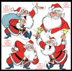 some santa clauss are doing different things in this cartoon character drawing, character sheet, character