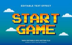 an old school video game title with the text start game in yellow and blue colors