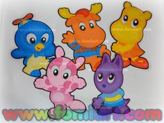 four cartoon animals are standing together on a white background and one is blue, the other is pink