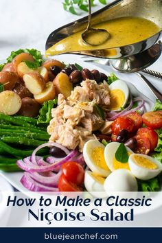 an image of a plate of food with eggs and vegetables on it that says how to make a classic nacho salad