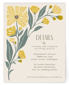 a wedding card with yellow flowers and green leaves on the front, in white background