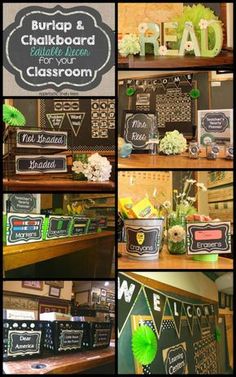 a collage of photos with chalkboards and signs