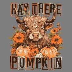 a cow with flowers and pumpkins on it's chest, says hay there pumpkin