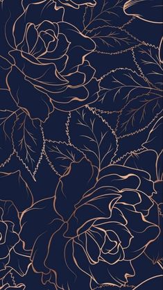 a blue background with gold foiled roses on it's side and leaves in the middle