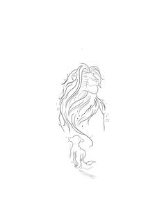 a line drawing of a woman's head with long hair and flowing water around her body