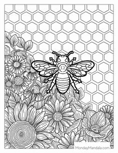 a coloring page with flowers and a bee