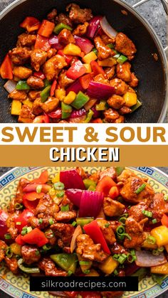 two pictures with different types of food in them and the words sweet & sour chicken