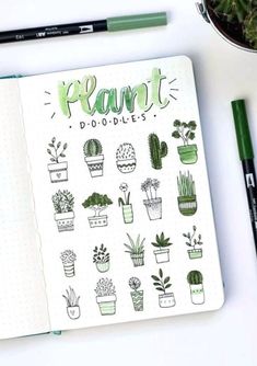 an open notebook with plants drawn on it and the words plant doodles written in green ink