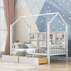 a child's bedroom with a white bed and bookcases on the wall