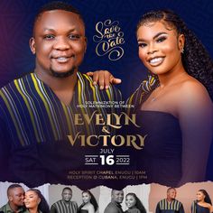 the event poster for every and victory featuring two people, one is smiling at the camera