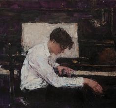 a painting of a woman sitting at a piano with her hands resting on the keyboard