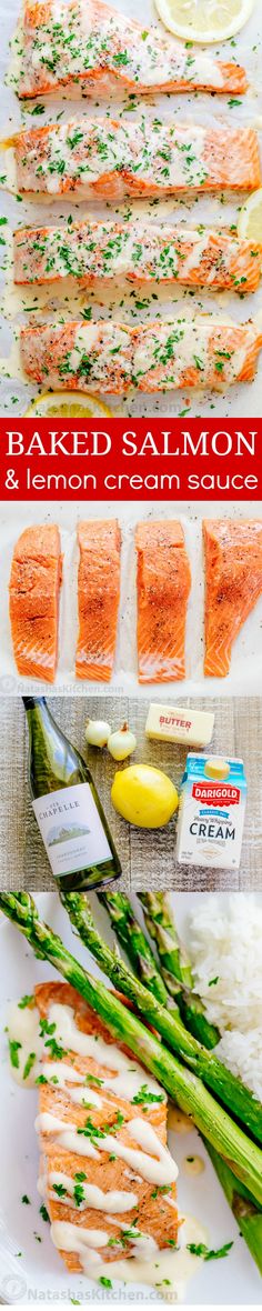 salmon and asparagus on a white plate with lemons, parsley and seasoning