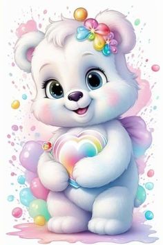 a white teddy bear holding a heart with bubbles on it's chest and wearing a rainbow bow