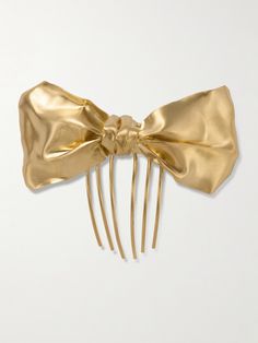 Completedworks' hair comb is sculpted into the shape of a bow - intricate folds give it such a realistic look. It's handmade from gold-plated metal and slides securely into your hair. Designer Hair Accessories, Gold Hair Comb, Pearl Hair Combs, Gold Hair Accessories, Crystal Hair Comb, Hair Slide, Crystal Hair, Bow Hair, Gold Hair