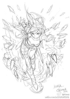 a drawing of a girl with long hair and wings flying through the air, surrounded by birds