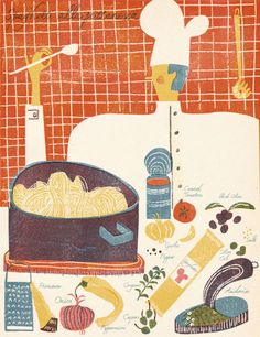 an old cookbook with illustrations of food and cooking utensils