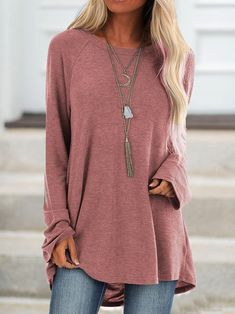 Gray Cotton Casual Crew Neck Solid Shirts & Tops Older Women Dress, Winter Clothes Women Casual, Women Dress Style, Dreamy Style, Spring Blouse, Fall Tops, Tunic Tops Casual, Round Neck Shirt, Long Sleeve Tops Casual