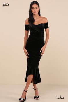 Slip into the Lulus How Much I Care Black Velvet Off-the-Shoulder Midi Dress and dance the night away! Soft and stretchy velvet shapes this stunning dress that features a sweetheart neckline (with hidden no-slip strips) and a darted bodice, framed by short off-the-shoulder sleeves. High, fitted waist tops a figure-flattering midi skirt with a trumpet silhouette and a ruffled, high-low hem. Fit: This garment fits true to size. Length: Mid-calf length. Size medium measures 47.5" from top to bottom. Bust: Great for any cup size. Waist: Fitted - stretchy fabric allows custom fit. Hip: Fitted - stretchy fabric allows room for hips. Undergarments: May be worn with a strapless bra, adhesive bra, petals, or no bra. Fabric: Fabric is very stretchy. Bodice is lined. Dress Measures 8. 5" Longer At Ba Prom Dress Shops, Trumpet Silhouette, Dress Shops, High Low Midi Dress, 30 Outfits, Velvet Midi Dress, Prom Dress Shopping, Adhesive Bra, Formal Dresses For Women