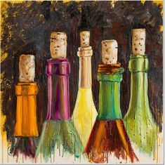 an oil painting of three bottles with corks in them