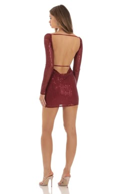 Emory Sequin Long Sleeve Bodycon Dress in Red | LUCY IN THE SKY Hoco Dresses Tight Red, Dark Red Hoco Dress, Red Hoco Dress Short, Short Red Dress Formal, Homecoming Dresses Sleeves, Hoco Dress Short, Tight Lace Dress, Red Hoco Dress, Lucy In The Sky Dress