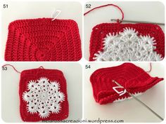 crocheted red and white square with snowflakes on the top, along with instructions for how to crochet