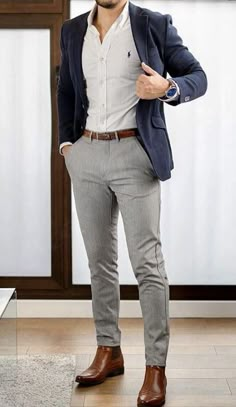 Are you looking for mens clothing casual style online? DressLily offers the latest high quality trendy clothes for men at great prices. Free shipping worldwide. Fashion Outfits Aesthetic, Grey Pants Men, Mens Dress Outfits, Stylish Mens Suits, Blazer Outfits Men, Mens Business Casual Outfits, Outfits For Summer, Pants Outfit Men