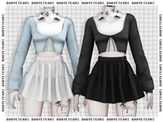 two women's shirts and skirts are shown in three different colors, one is black, the other is white