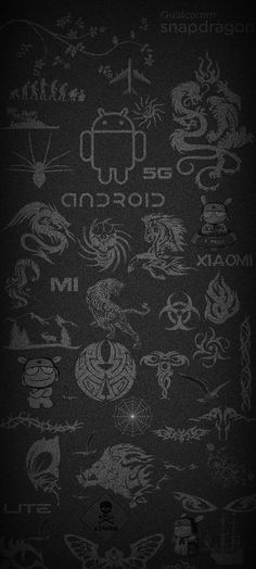 the back side of a cell phone with many different logos on it, all in black and white