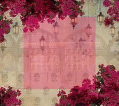 pink flowers are in front of an ornate wall with lanterns and lamps on it,