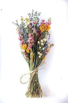 a bunch of dried flowers tied up to a white wall with a brown ribbon on it