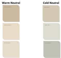 four different shades of neutral and white paint with the words warm neutral, cold neutral