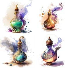 four watercolor bottles with different designs and colors on the top one is blue, green, purple, and gold