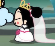 an animated image of a princess and mickey mouse in their wedding attire, with the bride looking at each other