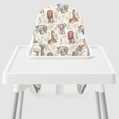 a high chair with an animal print on it