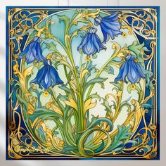 a painting of blue flowers on a white background with gold trimming around the edges