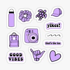 purple stickers with different types of items and words on them, including a camera, backpack