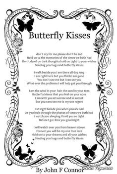 a poem written in black and white with butterflies on the border, which reads butterfly kisses