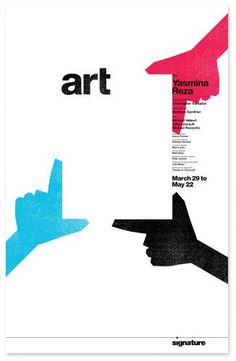 an advertisement for the art exhibition, with two hands pointing at each other in different colors