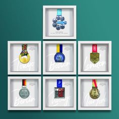 six medals are displayed in white frames on a green background