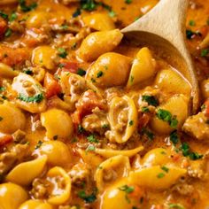 a wooden spoon in a pot filled with pasta and meat stew, topped with parsley