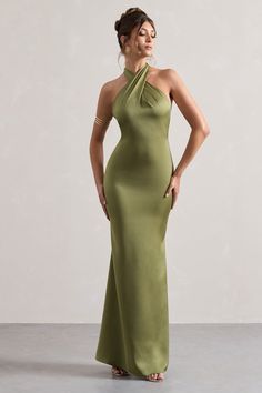 Unbeatable | Olive Satin Cross Over Halter-Neck Maxi Dress Dark Green Maxi Dress, Olive Green Bridesmaid Dresses, Midi Bridesmaid Dress, Bridesmaid Attire, Club L London, Halter Neck Maxi Dress, Olive Green Dresses, Fishtail Skirt, Black Tie Gala