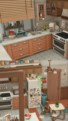 two views of a kitchen and dining area