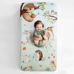 a baby laying on top of a blanket next to an animal themed wall hanging above it