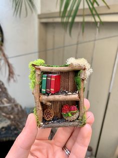 a hand holding a miniature book shelf made out of wood with books and plants on it